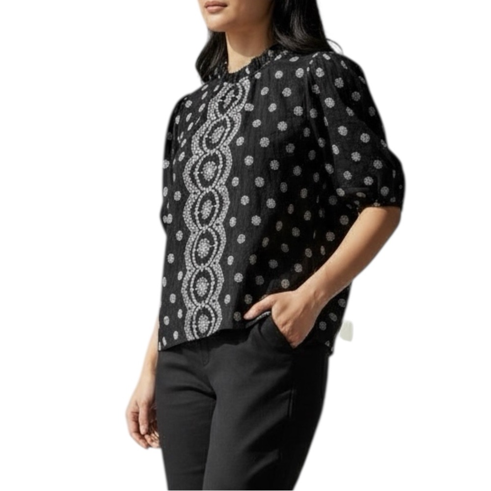 Loft Black and White Embroidered Eyelet Puff Sleeve High Neck Boho Top Size L - Picture 7 of 10